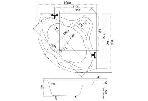 Hidromasszázs kád, M-Acryl Ancona  150x150, Wellness 22 fúvókás elektronikus