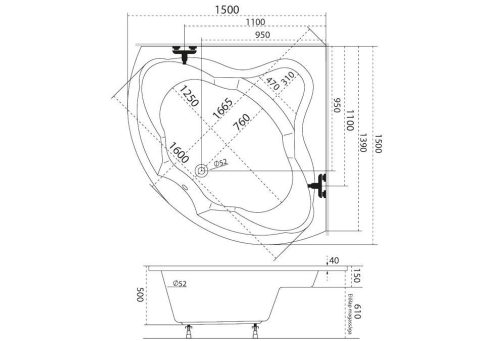 Hidromasszázs kád, M-Acryl Ancona  150x150, Wellness Premium Plus 28 fúvókás elektronikus