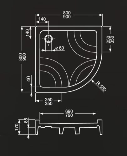 Zuhanytálca, Roltechnik Hawaii-P 800x800 önhordó íves :RT