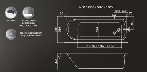 Kád, Roltechnik Vanessa Neo 170x70 egyenes : RT