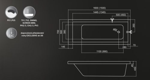 Kád, Roltechnik Kubic Neo 150x70 egyenes : RT