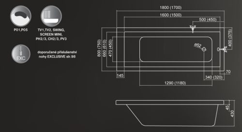 Kád, Roltechnik Kubic Neo 180x80 egyenes : RT