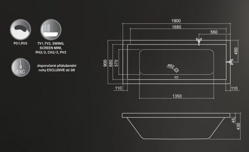 Kád, Roltechnik Kubic 190x90 szögletes akril : RT