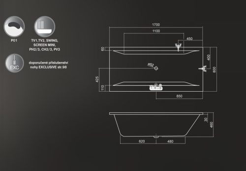 Kád, Roltechnik Savona 170x80 egyenes : RT