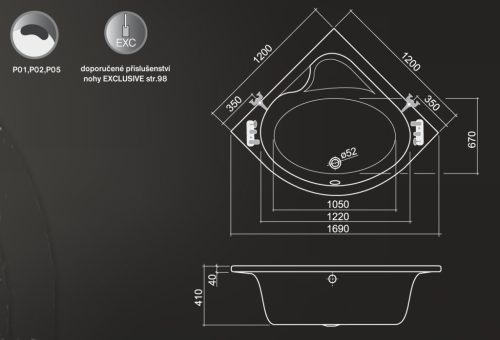 Kád, Roltechnik Flora Neo 120x120 akril sarok : RT