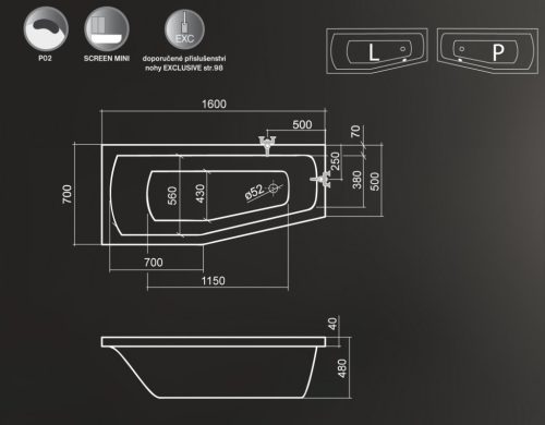 Kád, Roltechnik Mini 160x70 aszimmetrikus : RT