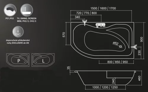 Kád, Roltechnik Activa 150x90 aszimmetikus sarok : RT