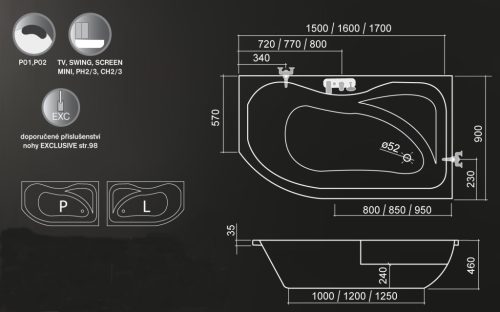 Kád, Roltechnik Activa 170x90 aszimetrikus : RT