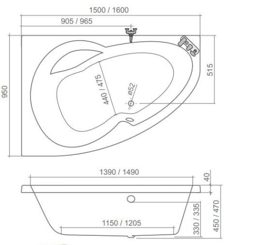 Kád, Roltechnik Harmonia 150x95 aszimmetrikus sarok : RT