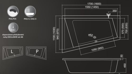 Kád, Roltechnik Kubic Asymmetric 160x103 aszimm. , akril sarok : RT