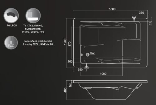 Kád, Roltechnik Amore 180x120 szögletes, 2 személyes akril : RT