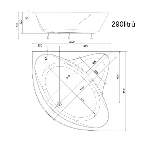 Kád, AQUALINE DYJE akril kád 150x150x42 cm, láb nélkül: A1550
