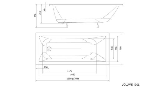 Kád, AQUALINE DOUBRAVA akril kád 170x70x42 cm, láb nélkül: A1770