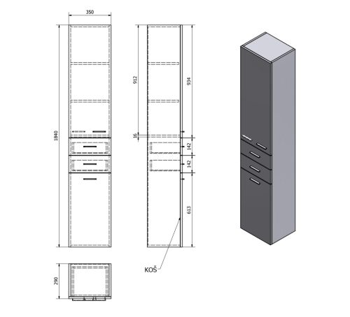 Álló szekrény, AQUALINE ZOJA szennyeskosárral 35x184x29 bal 51230
