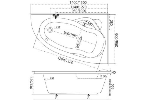 Hidromasszázs kád, M-Acryl Liza  150x95 Wellness Premium 24 fúvókás elektronikus