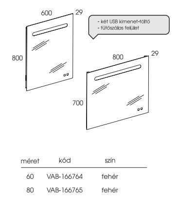 Tükör, Valore TÜKÖR LED VILÁGÍTÁSSAL + USB TÖLT + PÁRA MENTESÍTŐ FŰTÉS VAB-166764  60 CM