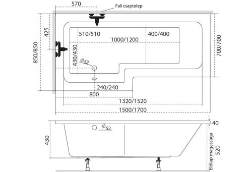 Hidromasszázs kád, M-Acryl Linea  150x70/85 Wellness Premium elektronikus vezérléssel