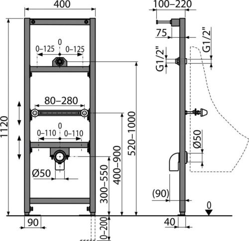 Szerelőkeret, AlcaPlast A107/1120 piszoárhoz
