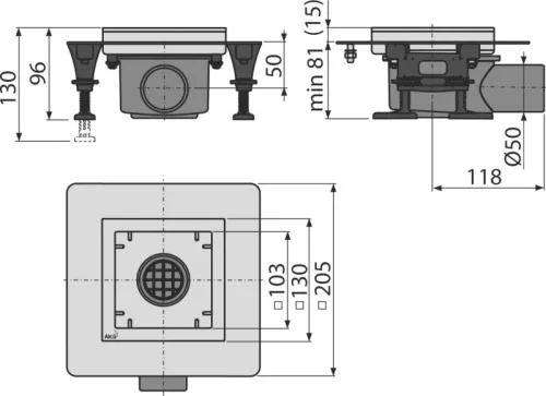 Padlóösszefolyó, AlcaPlast 130x130 mm APV120