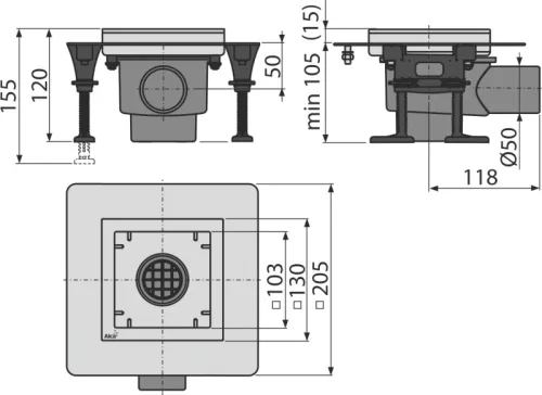 Padlóösszefolyó, AlcaPlast 130x130 mm APV130