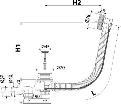 Le-és túlfolyó, AlcaPlast Automata kádszifon bronz A55ANTIC-80