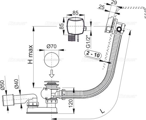 Le-és túlfolyó, AlcaPlast Automata kádszifon túlfolyóval króm A564CRM1-100