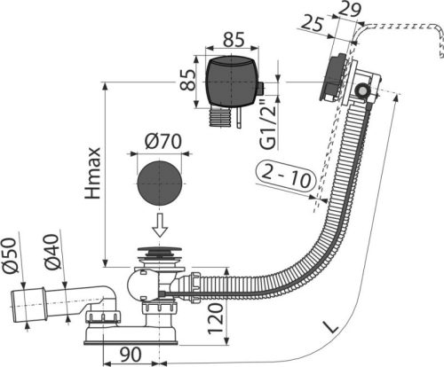 Le-és túlfolyó, AlcaPlast Automata kádszifon túlfolyóval fekete A564BLACK-80