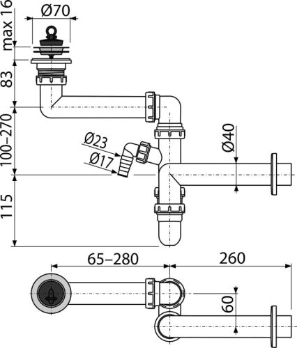 Mosogató szifon, AlcaPlast helytakarékos A870P-DN40