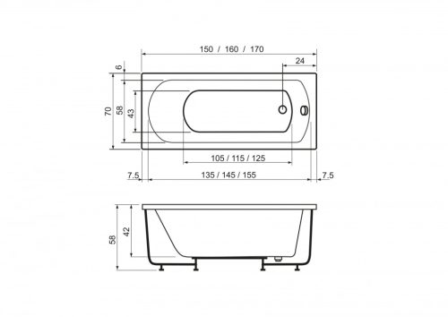 Egyenes kád, West Moon 170x70