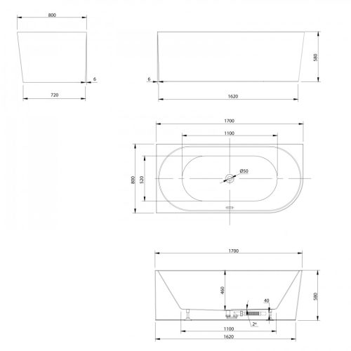 Kád, Sapho AQUALINE TIBERA L szabadonálló kád, 170x80cm, akril E1026