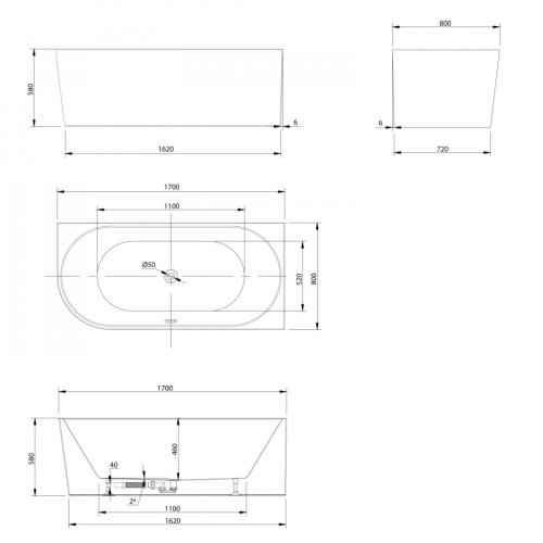 Kád, Sapho AQUALINE TIBERA R szabadonálló kád, 170x80cm, akril E1015