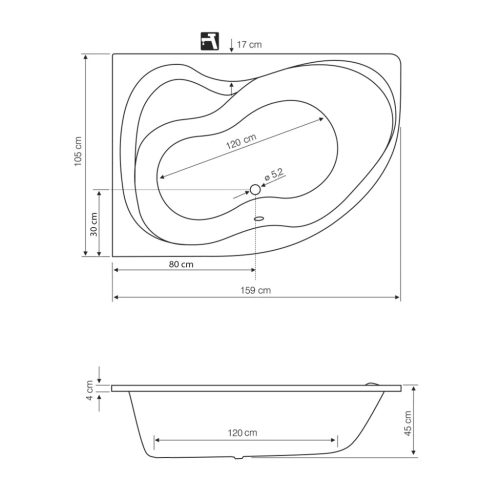 Kád, Sapho AQUALINE CIDLINA kád, láb nélkül, balos, 160x105x47cm, akril G3615