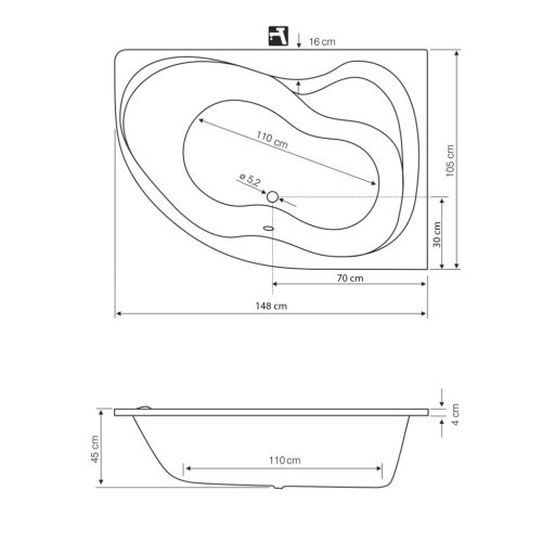 Kád, Sapho AQUALINE CIDLINA kád, láb nélkül, jobbos, 150x105x45cm, akril G3619
