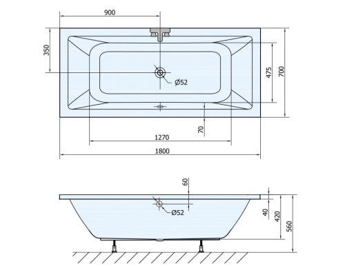 Kád, Sapho AQUALINE NISA kád, láb nélkül, 180x70x42cm, akril A1870