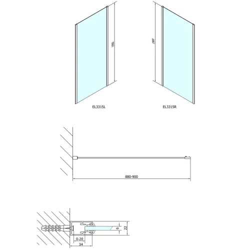 Oldalfal, Sapho POLYSAN EASY LINE oldalfal, 900mm, transzparent üveg EL3315