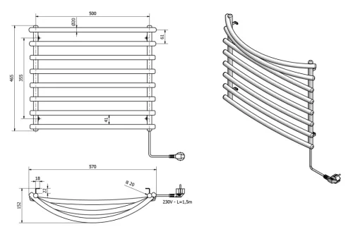 Egyenes radiátor, AQUALINE elektromos törölközőszárító radiátor, 570x465mm,72W, fehér SU110A