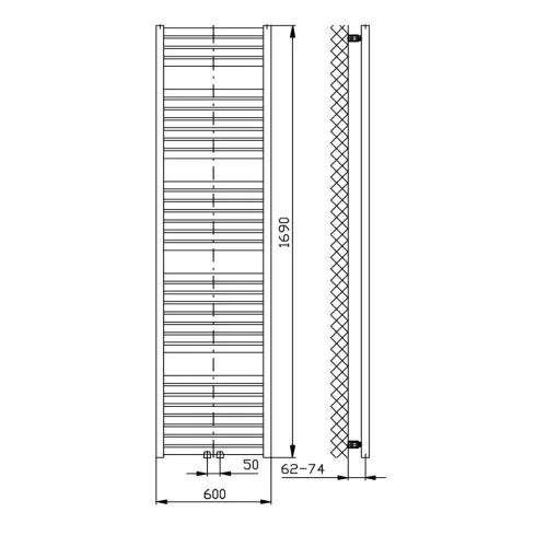 Egyenes radiátor, AQUALINE TONDI radiátor, középső bekötéssel, 600x1690 mm, matt fekete DT496T