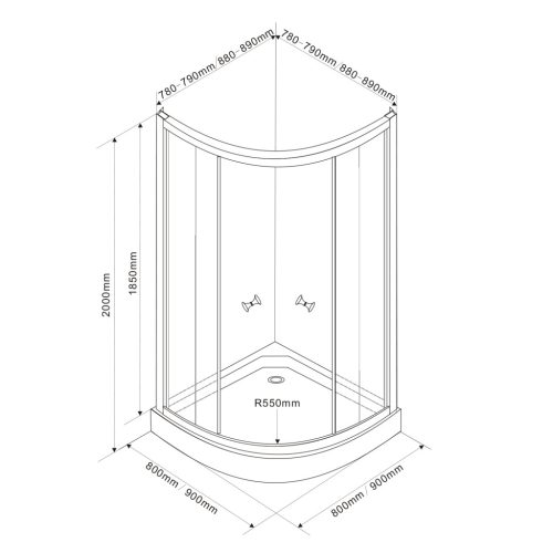 Zuhanykabin, Sapho AQUALINE ARLEN íves kabin, 90x90X185cm, fehér, BRICK üveg  BTR900