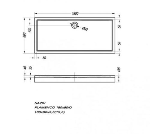 Zuhanytálca, Kolpa San Flamenco 180x80 előlap nélkül