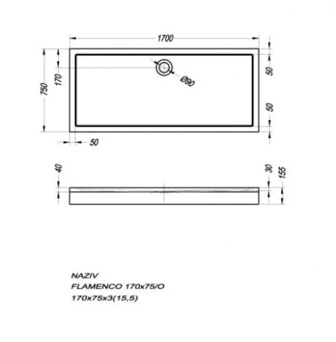 Zuhanytálca, Kolpa San Flamenco 170x75 előlap nélkül