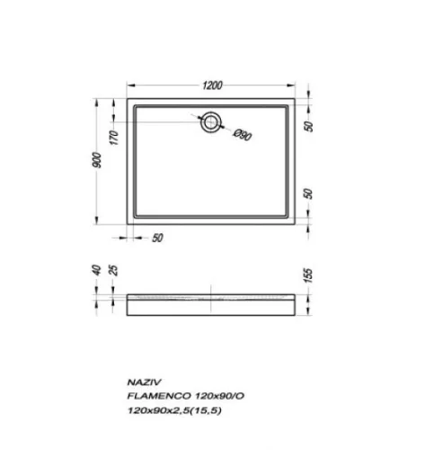 Zuhanytálca, Kolpa San Flamenco 120x90 előlap nélkül