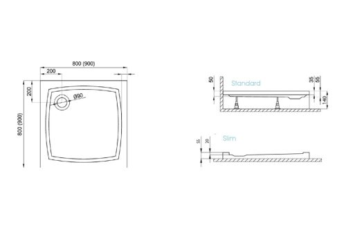 Zuhanytálca, H2O Nero D slim szögletes aszimmetrikus 100x80