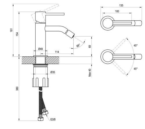 Bidé csaptelep, Ravak Espirit ES 056.10WV Álló bidé csaptelep 180 mm, leeresztő nélkül X070244