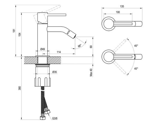 Bidé csaptelep, Ravak Espirit ES 056.20BLM Álló bidé csaptelep 180 mm, leeresztő nélkül X070281