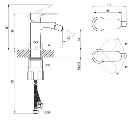 Bidé csaptelep, Ravak Eleganta EL 056.60RGB Álló bidé csaptelep 123 mm, leeresztő nélkül, Rose Go