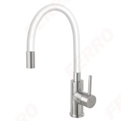   Mosogató csaptelep, Ferro ZUMBA BZA4WSS inox konyhai csaptelep, acél test, fehér kifolyó