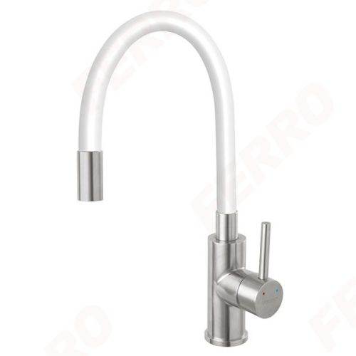 Mosogató csaptelep, Ferro ZUMBA BZA4WSS inox konyhai csaptelep, acél test, fehér kifolyó