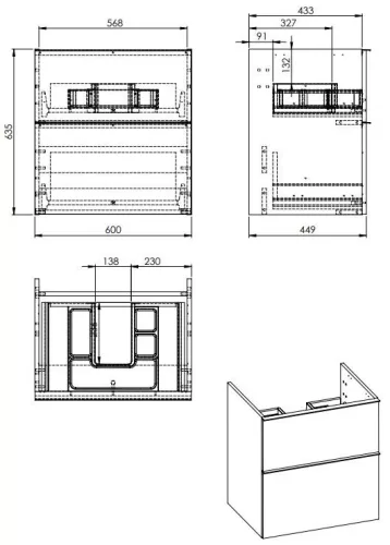 Alsó szekrény, AREZZO design MONTEREY 60 cm-es alsószekrény 2 fiókkal Matt Szürke színben, szifon