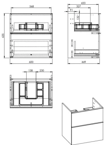 Alsó szekrény, AREZZO design MONTEREY 60 cm-es alsószekrény 2 fiókkal Mf. antracit színben, szifo