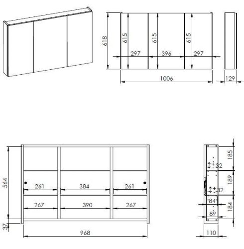 Felső szekrény, AREZZO design Tükrös szekrény BASIC 100,3 ajtó